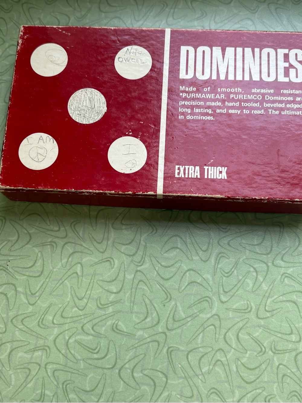 Vtg Puremco “purmawear” MCM extra thick, dominoes red box made in Texas USA
